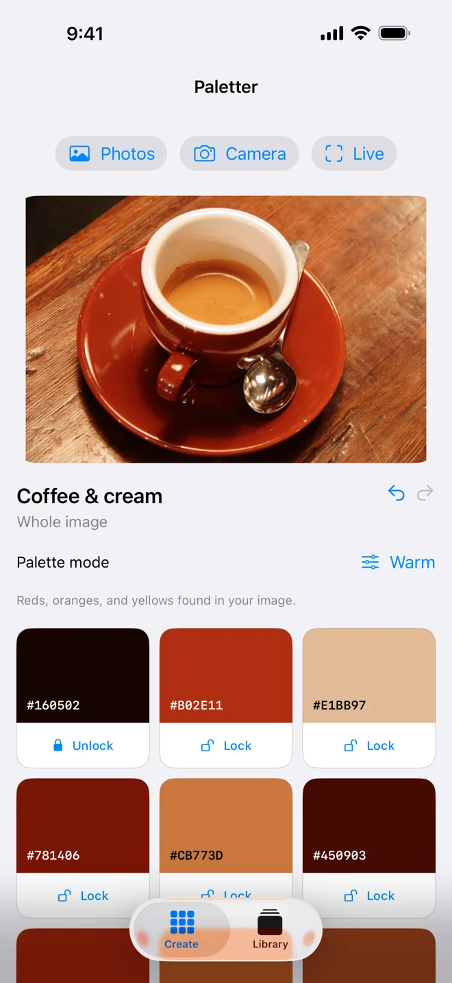 Paletter’s editor showing a coffee photograph, a warm color palette, and a locked swatch.
